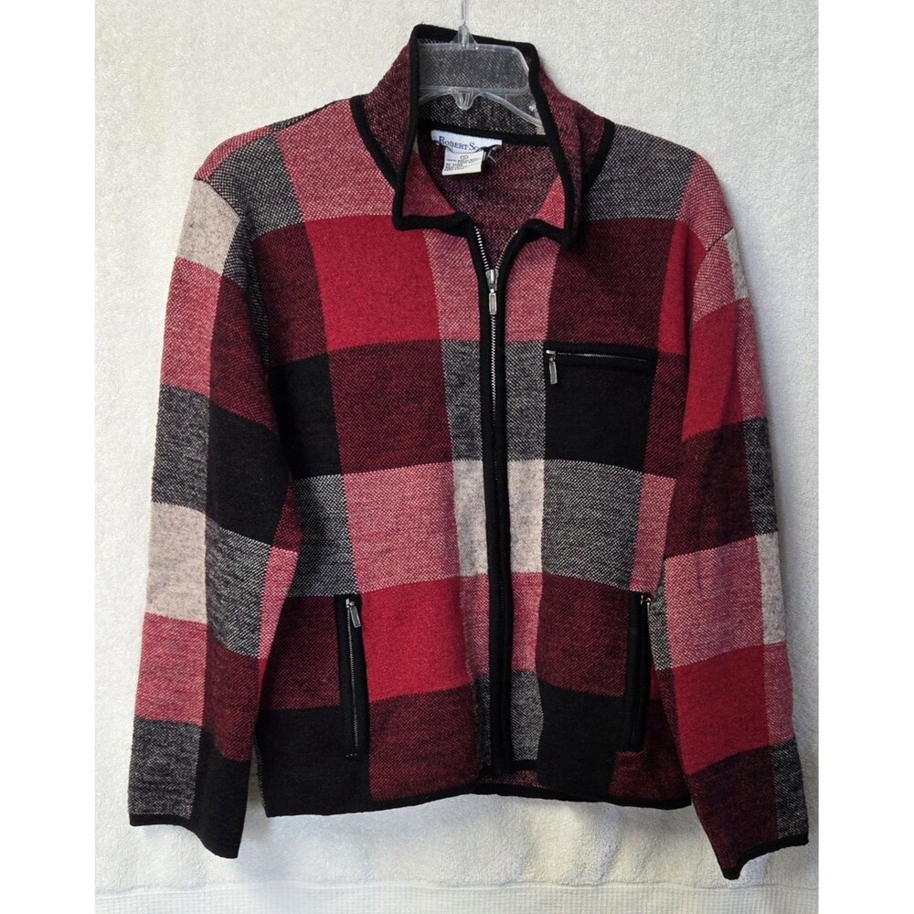 VTG Robert Scott Boiled Wool Jacket Sweater Womens S Plaid Red Blk Beige Zip